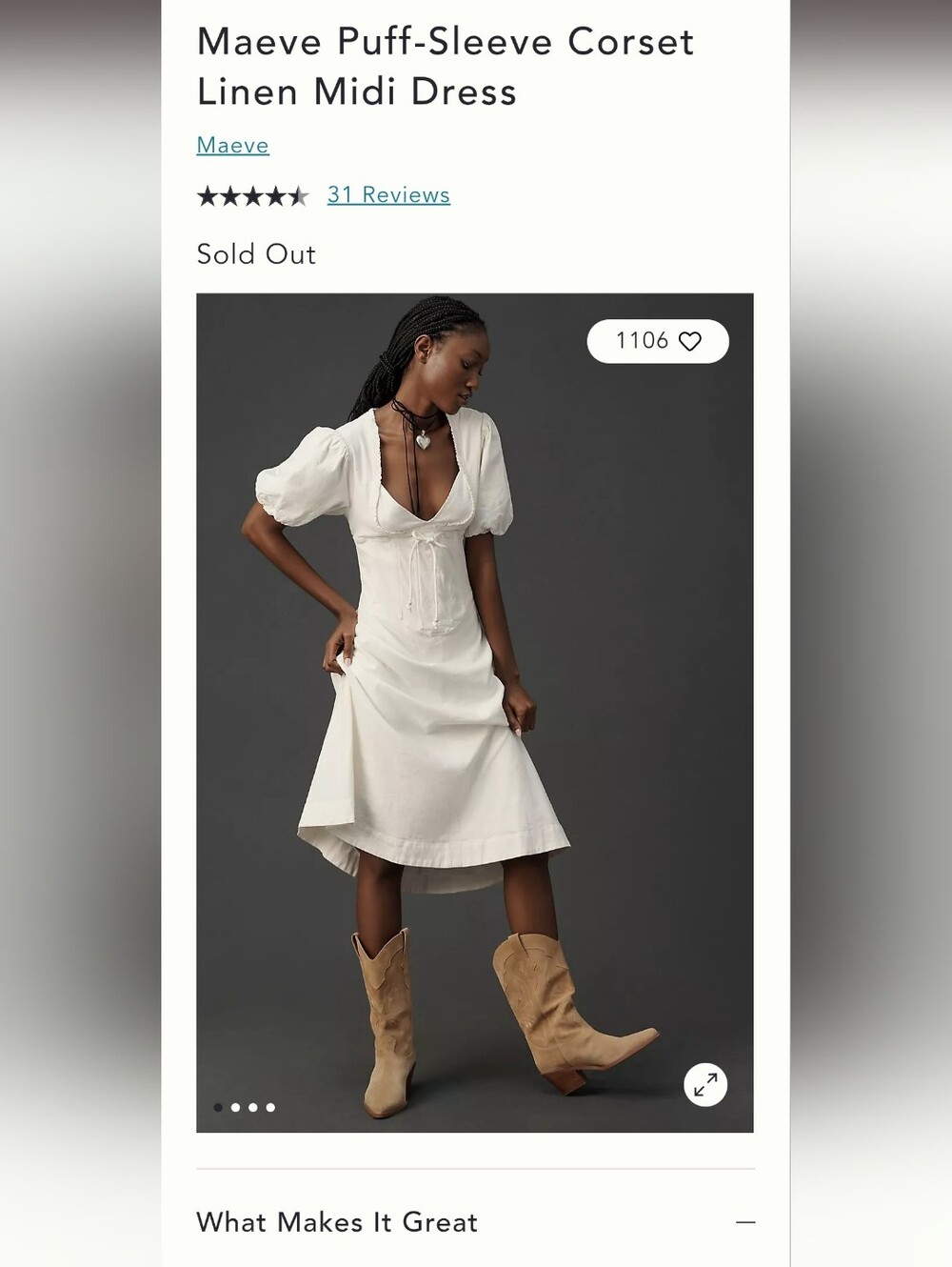 Maeve Anthropologie White Linen Puff-Sleeve Corset-Front Midi Dress White